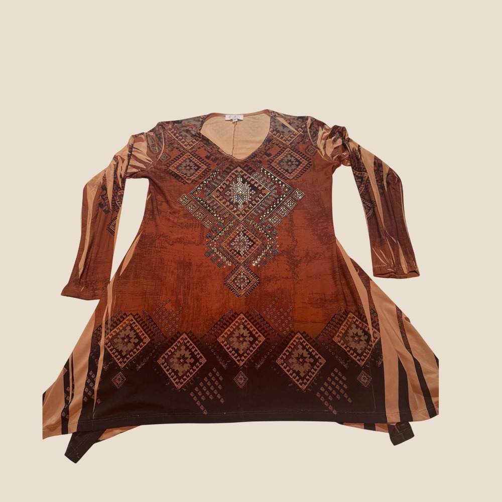 Cover Charge Womens Southwest Rhinestone Tunic Top Rust Brown Sharkbite Hem S